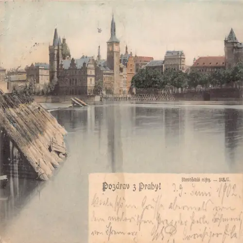 B111 Tschechien 1902 Pozdrave Prahy Prag Staromestke miyny Fluss Postkarte