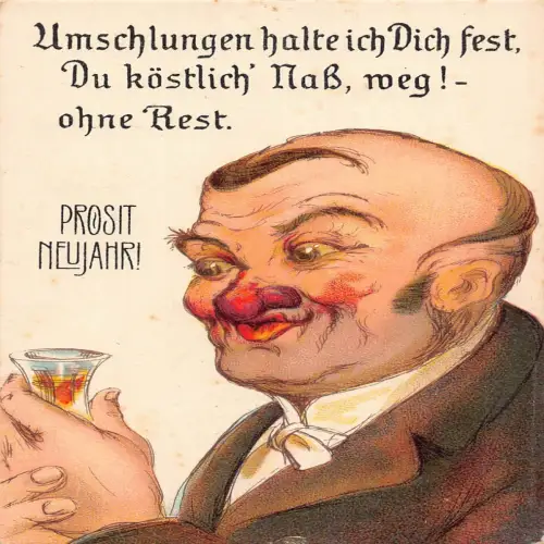B112 Neujahrsgrüße Betrunkener Mann hält liebes Glas Getränk Humor Postkarte