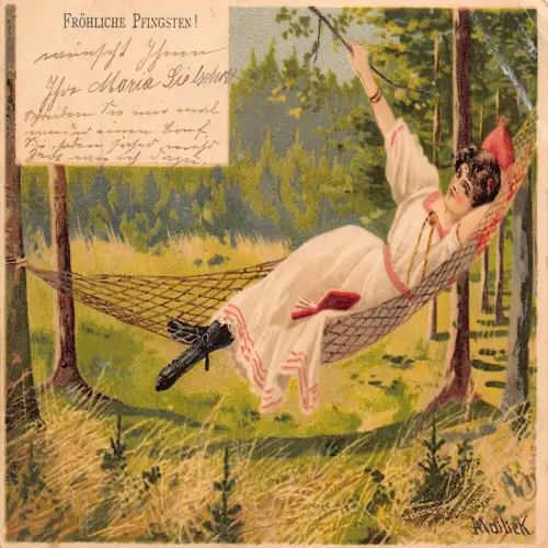 B113 Pfingstgrüße 1903 Frau liest in Hängematte Vintage Postkarte