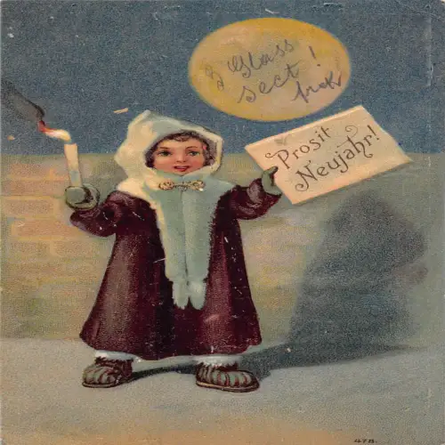 B112 Neujahrsgrüße 1905 Mädchen hält Brief und Kerze Mondschein Postkarte