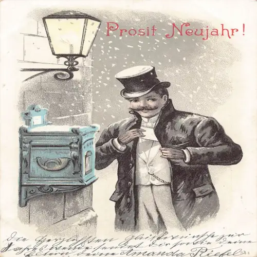 B112 Neujahrsgrüße 1903 Postbote am Briefkasten im Schneesturm Postkarte