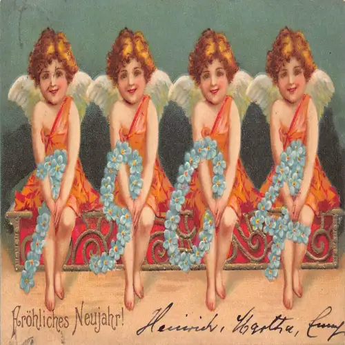 B113 Neujahrsgrüße 1903 Cherubs halten Vergissmeinnicht Zahlen Prägepostkarte