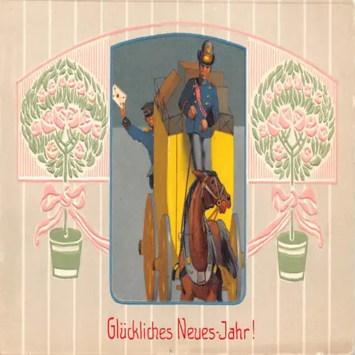 B113 Neujahrsgrüße Postkutsche Postboten Rosen Bäume Prägepostkarte