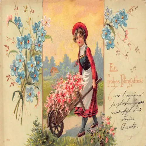 B113 Pfingstgrüße 1904 Vergissmeinnicht Mädchen Blumenwagen Prägepostkarte