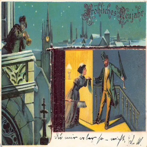 B113 Neujahrsgrüße Dienstmädchen öffnet Tür für betrunkener Gentleman Trumpeter Postkarte