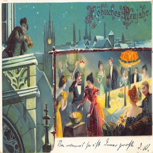 B113 Neujahrsgrüße Trompetenspieler Party Sekt Flasche Nacht Postkarte