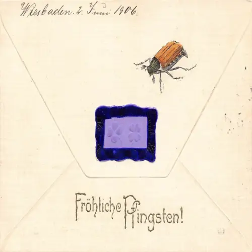 B113 Pfingstgrüße 1906 Umschlag Kleeblatt Maikäfer Prägepostkarte