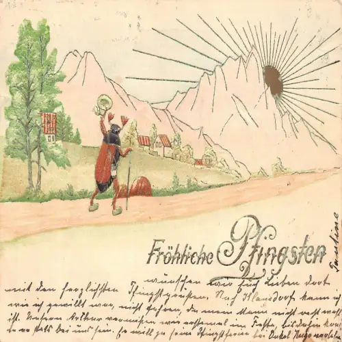 B113 Pfingstgrüße 1902 Humanisierte Maikäfer Reisen Sonne Prägepostkarte