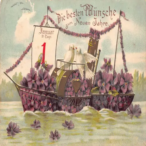 B113 Neujahrsgrüße 1908 Allegorisches Boot der Veilchen Tauben Prägepostkarte