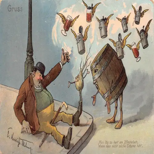 B113 Comic Humor 1907 Betrunkener Ohnmächtiger Mann Träume Humanisiertes Bierfass Postkarte