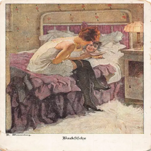 A629 Kunst von W Wennerberg Backfische Frauen sprechen im Bett Vintage Postkarte
