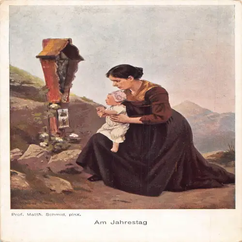 A629 Kunst Matth Schmid Witwe und Baby am Ehemann Grab Kreuz Vintage Postkarte