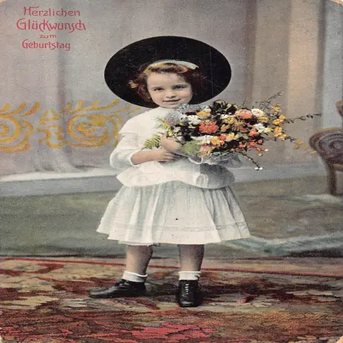 A631 Geburtstagsgrüße 1907 Mädchen im weißen Kleid großer Hut Blumen Postkarte