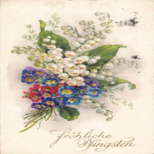 A631 Pfingstgrüße Maiglöckchen und Primelblumen Postkarte