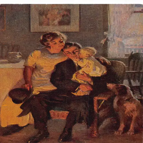 A631 Kunst Frau und Sohn umarmen Vater am Schornstein Feuerlicht Hund Postkarte