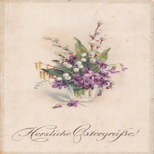A631 Ostergrüße 1922 Veilchen Maiglöckchen Blumen in Vase Postkarte