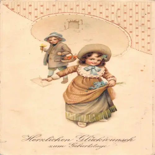 A631 Geburtstagsgrüße 1915 Mädchen hält Brief Vergissmeinnicht Blumenjunge Postkarte