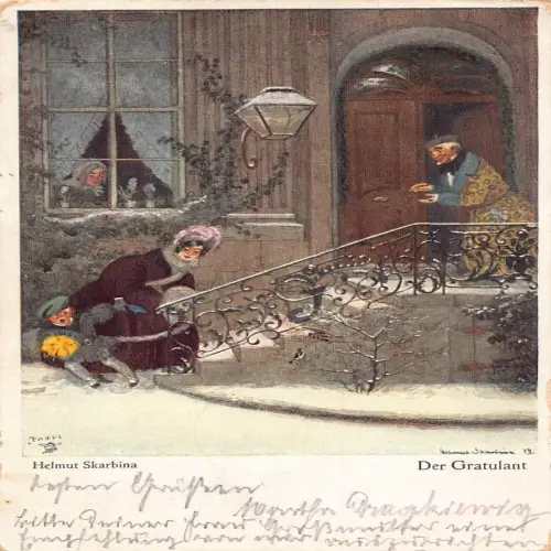 A631 Kunst 1925 Mutter zieht Jungen auf Treppe Besucherhaus von H Skarbina Postkarte