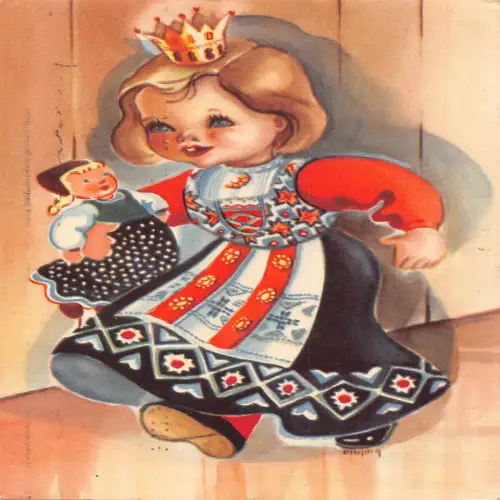 A632 Kunst 1939 Mädchen in norwegischer Tracht Krone Puppe Vintage Postkarte