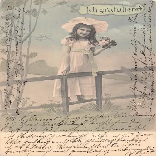 A632 Glückwunsch 1903 Mädchen Kletterzaun Blumenstrauß Vintage Postkarte