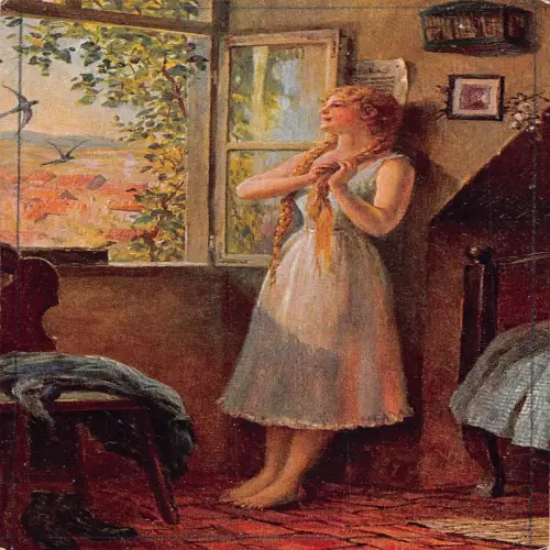 A632 Kunst von H Gitter Frau flechten Haare in der Nähe von Fenster Vögel Stadtansicht Postkarte