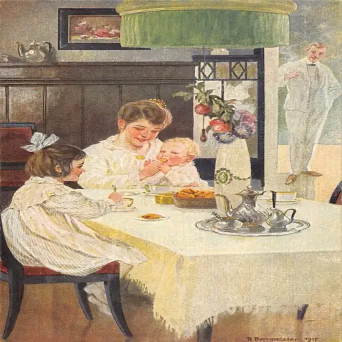A632 Kunst von R Borrmeister Mutter Töchter essen Vater raucht Zigargarete Postkarte