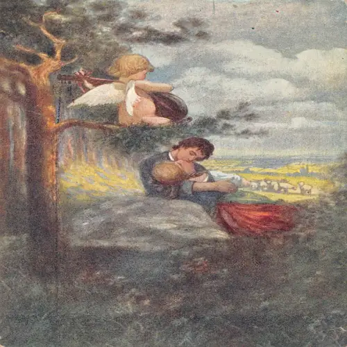 A632 Kunst Romanze Liebespaar küsst im Gras Amor spielt Mandoline Postkarte