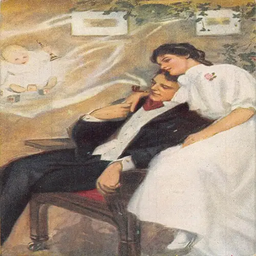 A632 Kunst Romanze Paar Bräutigam Pfeife rauchen allegorisch Baby of Smoke Postkarte