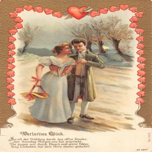 A632 Valentinstag Jugendstil Paar flirtet Schnee Herzen geprägt Postkarte