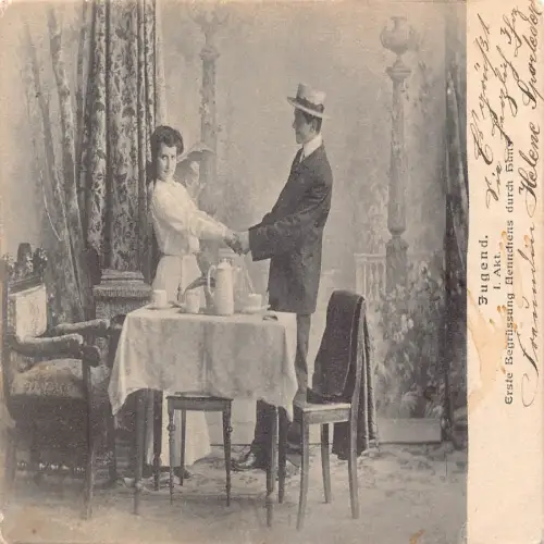 A633 Liebesromantik 1904 Paar hält Hände Teetisch Vintage Postkarte