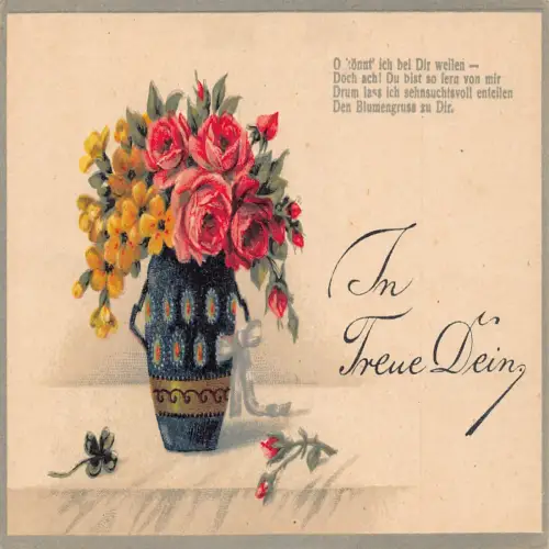 A633 Freundschaft Rosen und gelbe Blumen in Vase Gedicht geprägt Vintage Postkarte