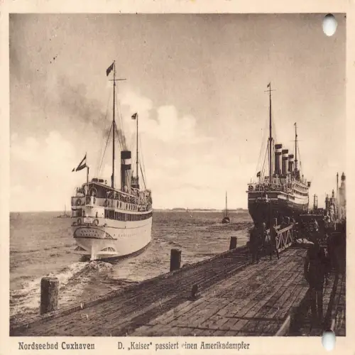 A633 Dampfschiffe Nordsee Cuxhaven Kaiser passiert Amerikadampfer 1930 Postkarte