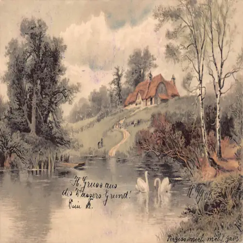 A633 Landschaft 1903 Schwäne am See Haus auf Hügel Bäume Vintage Postkarte