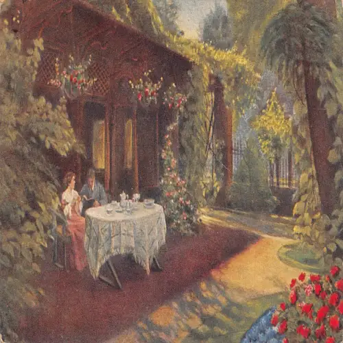 A633 Sonntagmorgenkunst 1918 Paar beim Tee trinken im Garten Feldpostkarte 1. Weltkrieg
