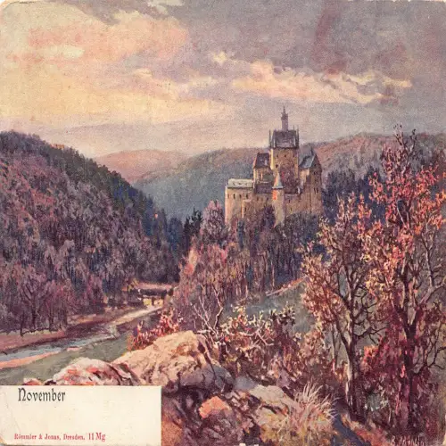 A634 Idyllische Herbstlandschaft Nackte Bäume Fluss Schloss November Kunst Postkarte