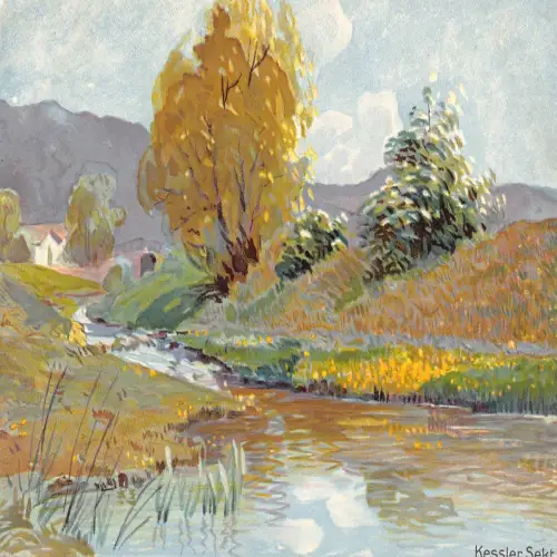 A634 Malerische Herbstlandschaft Goldene Blätter Bäume Fluss Vintage Postkarte