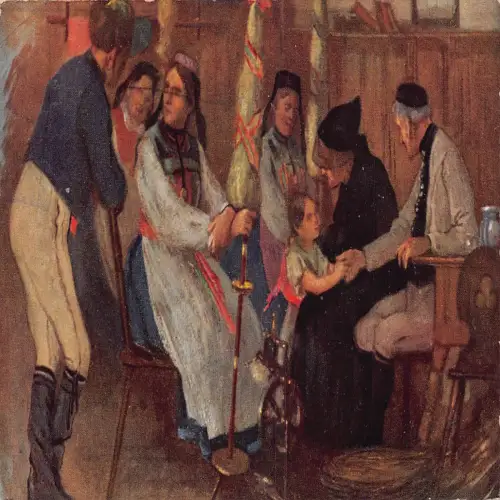 A634 Kunst 1916 Schwäbische Volkstrachten Frauen weben Wolle Mädchen Postkarte