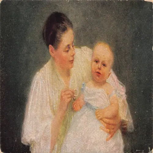 A634 Kunst von Joh Riedel Mutter hält kahle Tochter weißes Kleid Vintage Postkarte