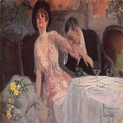 A634 Kunst von Hans Leiter Mann küsst Hand der Frau Rosen Restaurant Postkarte