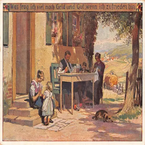 A634 Landleben 1924 Kunst Mädchen spielen Eltern und Junge am Tisch Hund Postkarte