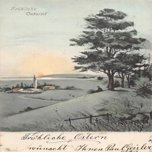 A635 Ostergrüße 1905 Landschaft Sonnenaufgang Kirche Baum Vintage Postkarte