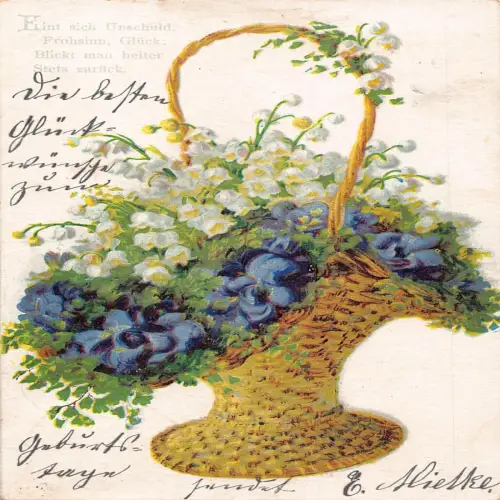 A635 Frühlingsgrüße 1904 Veilchen und Maiglöckchen im Korb Postkarte