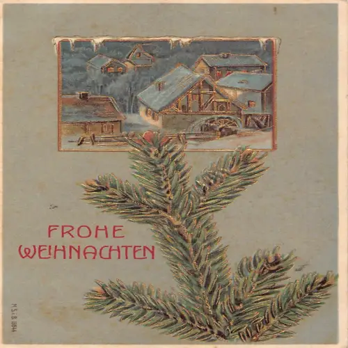 A635 Weihnachtsgrüße Winterhäuser Landschaft Tannenzweig geprägte Postkarte