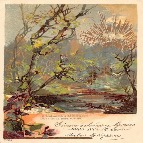 A635 Landschaft 1900 Wald Fluss Goldene Sonne Violette Blumen Vintage Postkarte