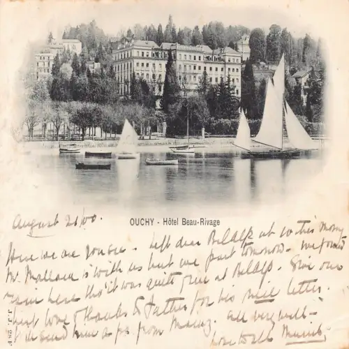 A638 Schweiz 1900 Ouchy Hotel Beau Rivage Segelboote Vintage Postkarte