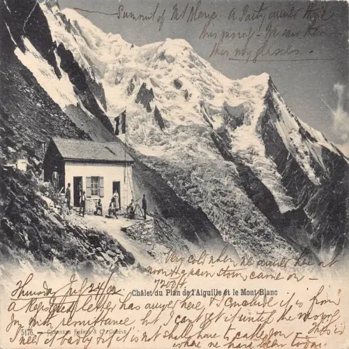 A639 Frankreich Chalet du Plan de l'Aiguille et Mont Blanc Hütte Flagge Vintage Postkarte