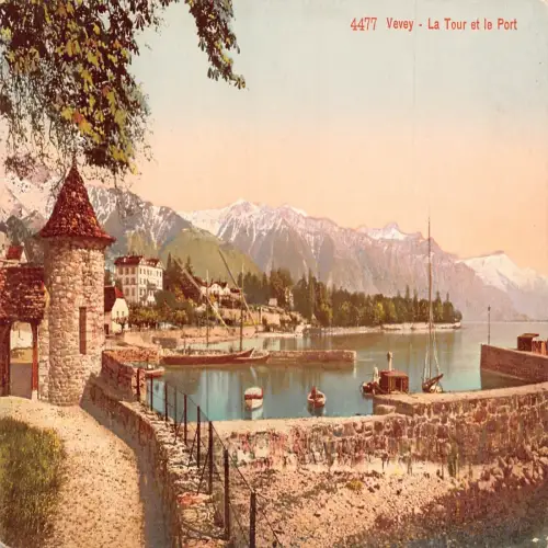A642 Schweiz Vevey La Tour et le Port Gate Hafen Boote Vintage Postkarte