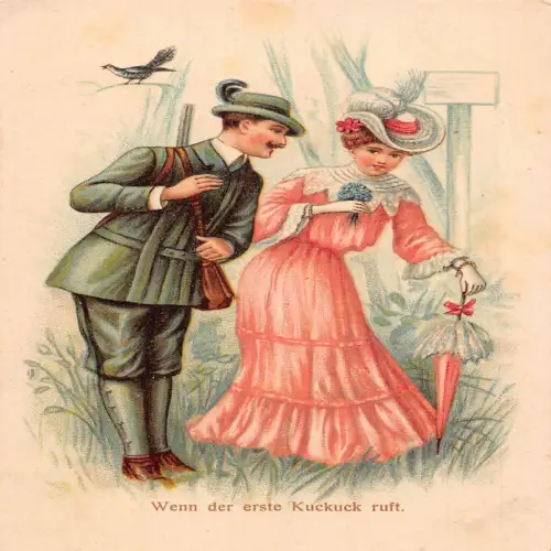 B114 Liebesroman Paar flirtender Jäger Vogel Vergissmeinnicht Blumenstrauß Postkarte