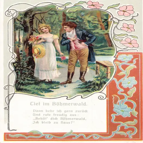 B114 Liebesroman Paar Blumen Gedicht Tief im Böhmerwald Prägepostkarte