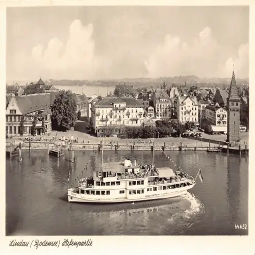 B118 Deutschland Lindau Bodensee Hafenpartie Dampfschiff RPPC Vintage Postkarte